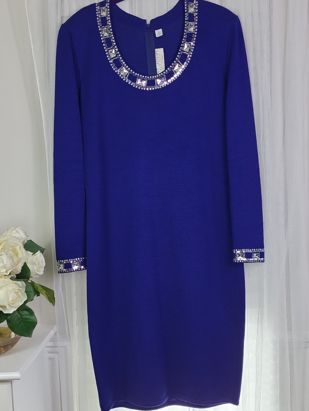 St John Evening by Marie Gray Santana Knit Royal blue Dress with Crystals. S 12